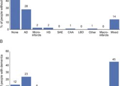 Distribution of single and multiple pathologies in oldest-old participants without (A) and with (B) dementia