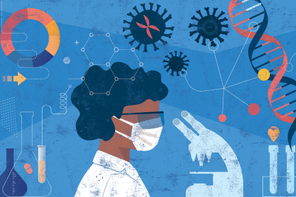 illustration of a woman in a lab looking for IgA Nephropathy