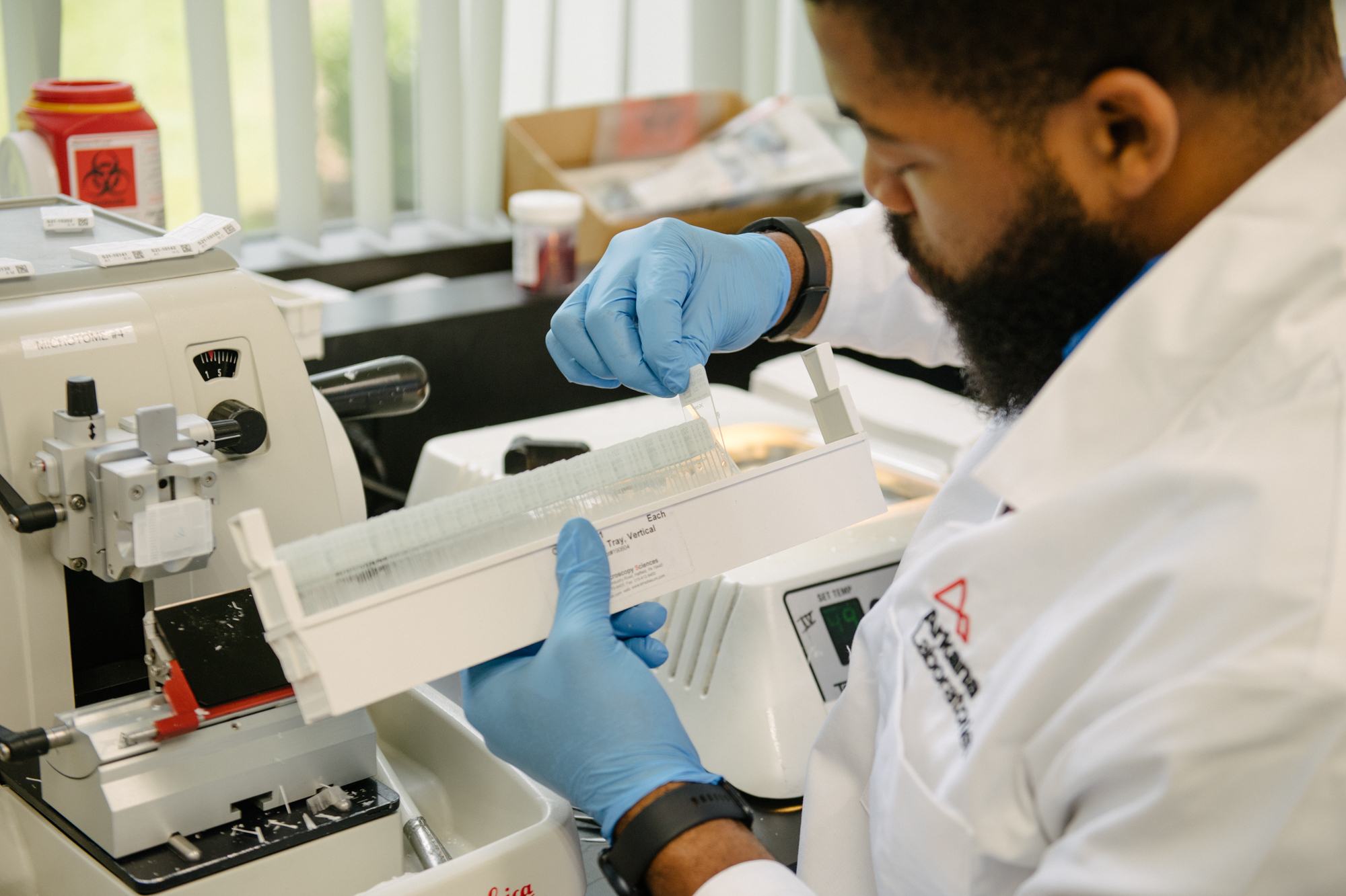 lab team member organizing slides to cut - Contact Arkana Labs