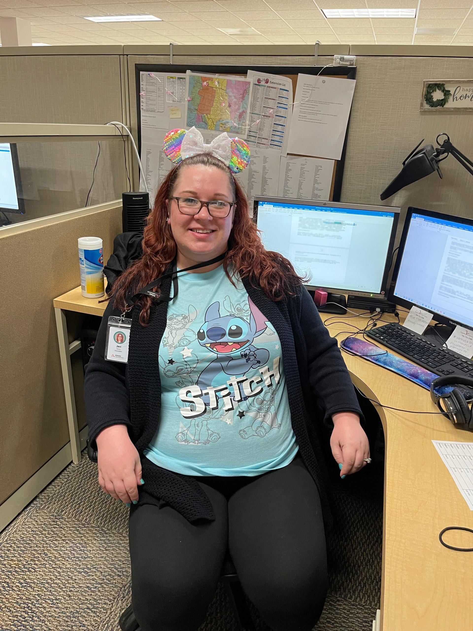 jeri in transcription celebrating Healthcare Documentation Integrity Week by dressing up as stitch