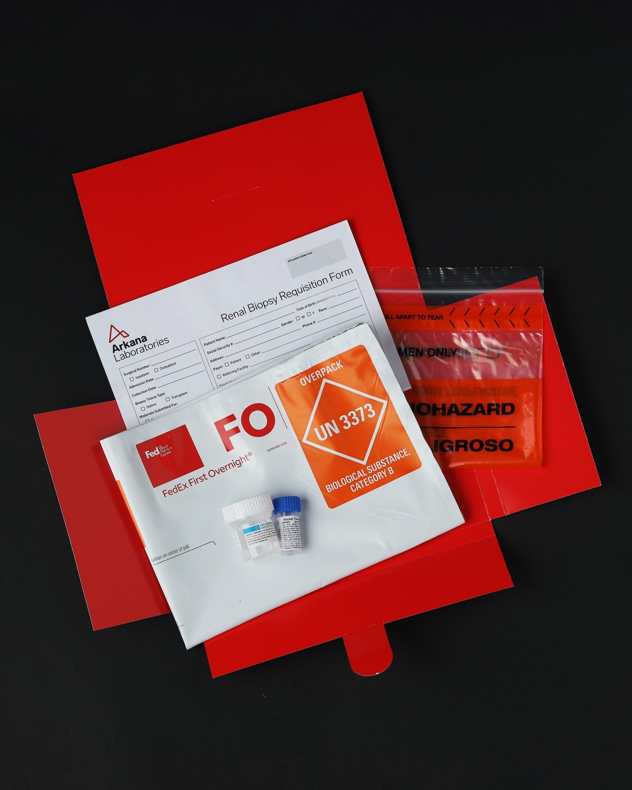 renal biopsy kit from arkana laboratories showing all contents within the kit
